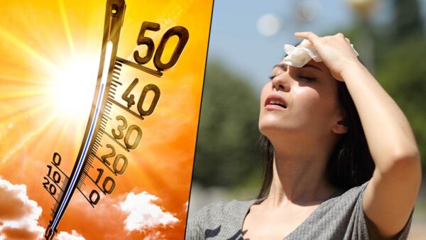 Termomeeter kõrge temperatuuriga ja kuumusest kannatav inimene – kuumarabandus ja ülekuumenemine